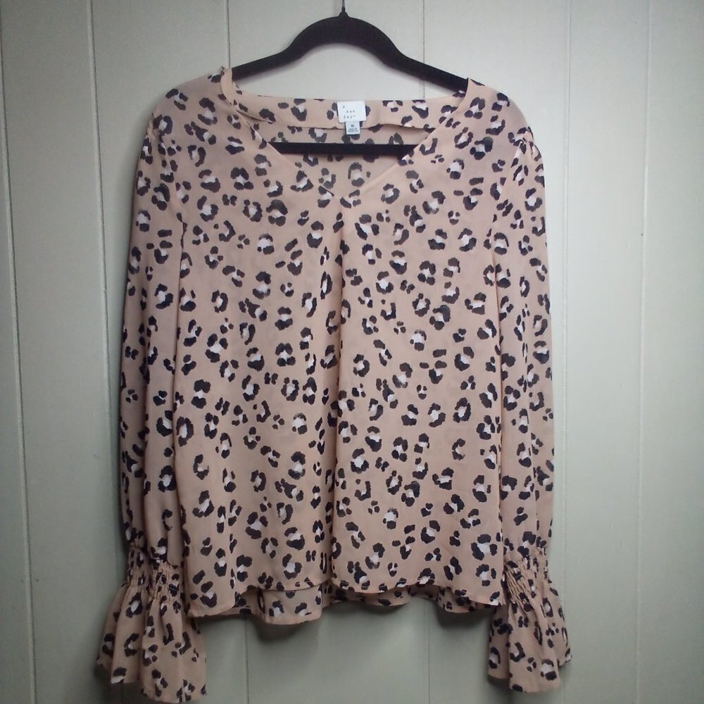 A New Day Blouse M Long Sleeve Bell Sleeve Sheer Animal Print Tan Black